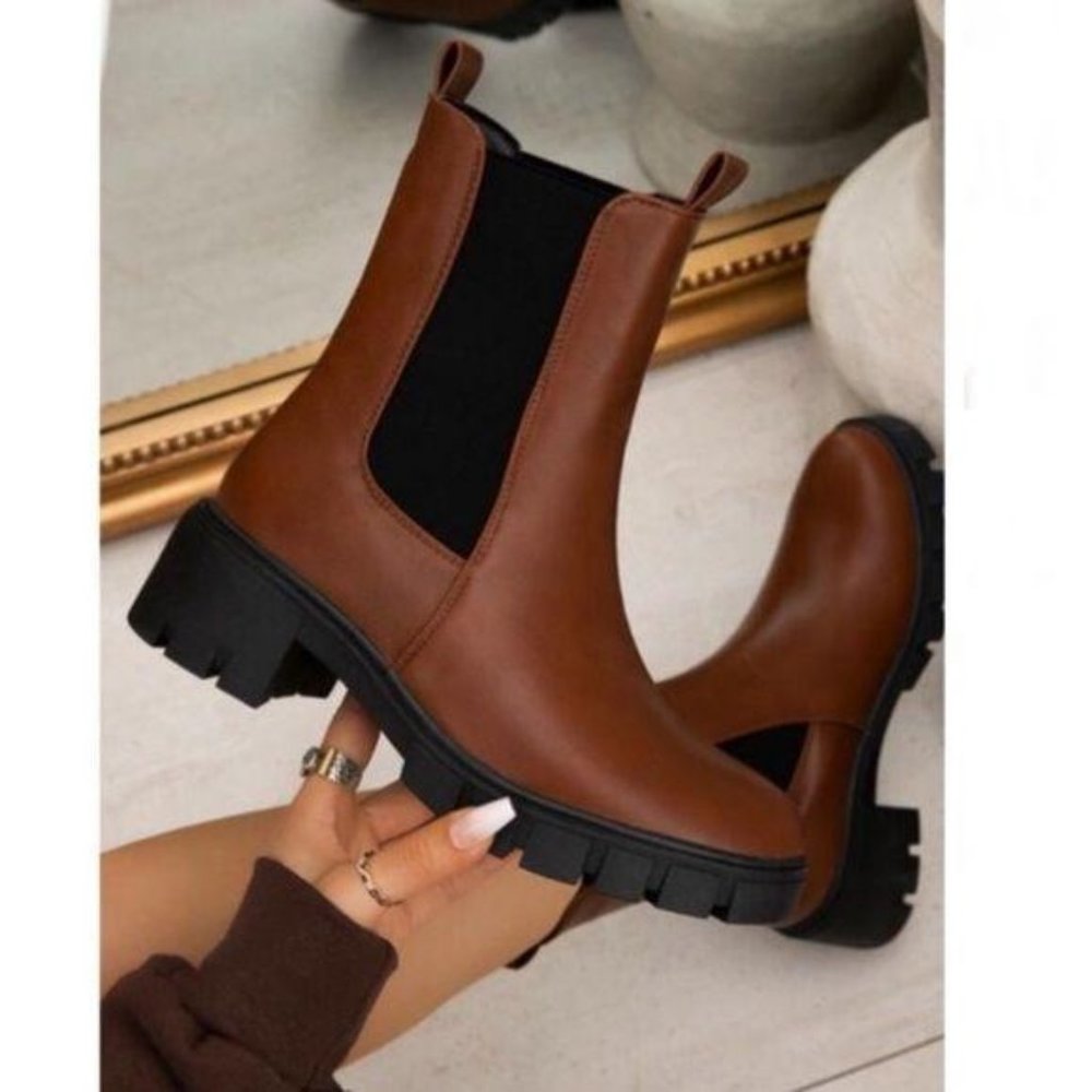 Pull On Lug Sole Chelsea Boots in Rust Brown - Picture 3 of 4